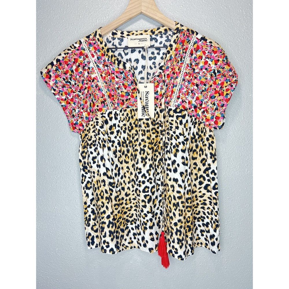 Savanna Jane Leopard Embroidered‎ Boho Top Size Small Front Tassel